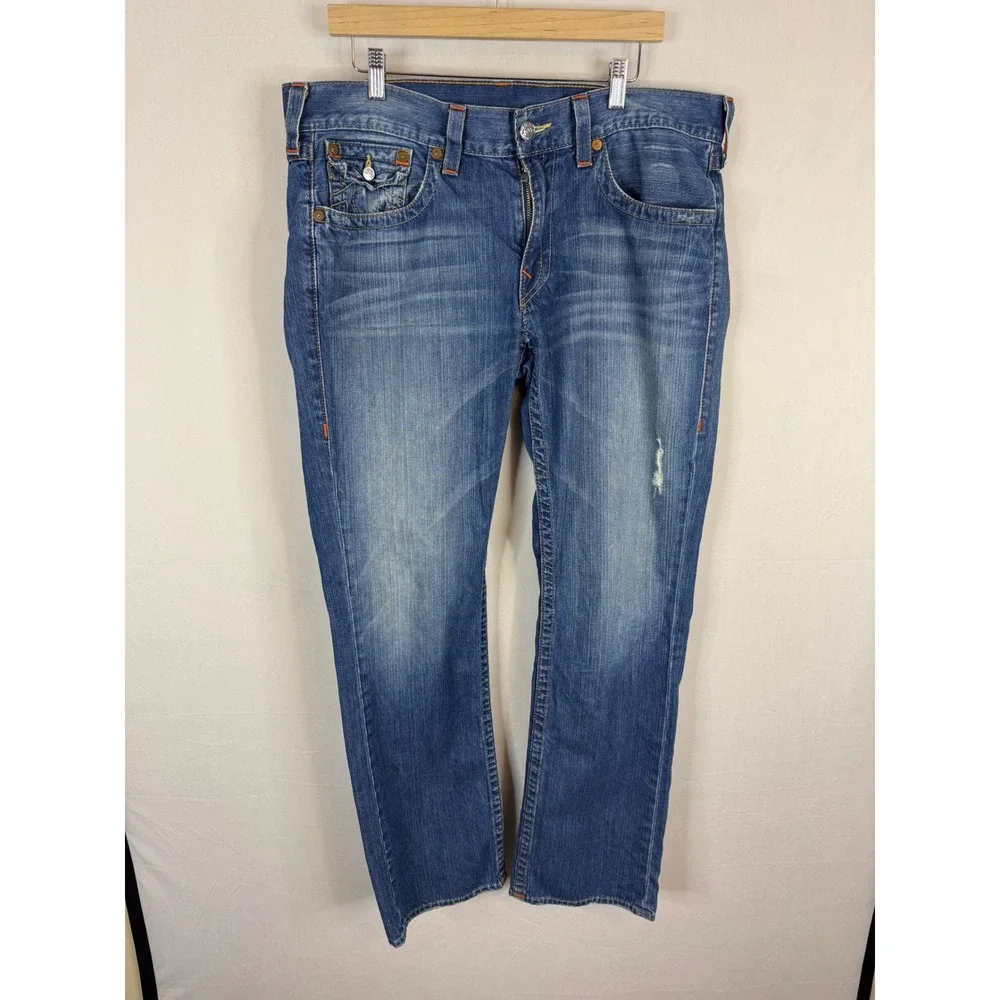 True Religion Mens Straight‎ Leg Blue Jeans Size 36X34 MDE8590N Made in USA